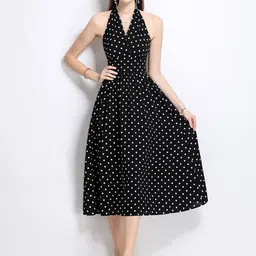 JC Collection Polka Dots Print Monochrome Halter Neck Fit & Flare Midi Dress-picture-10