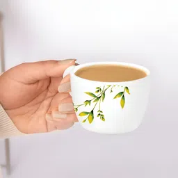 Larah by BOROSIL Oriental White & Green 6 Pieces Floral Printed Matte Cups 140ml image 5