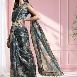 Sangria Floral Sequinned Organza Saree with Blouse & Belt image 3
