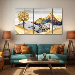 The Castle Decor White & Gold Toned 5 Pieces Mountains Printed Wall Art-image-98