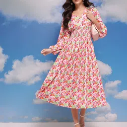 CORSICA Floral Print Smocked Detail Puff Sleeves A-Line Midi Dress image 2