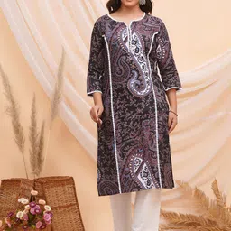 KBZ Ethnic Motifs Printed Notch Neck Thread Work Straight Kurta image 2