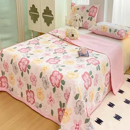 JC HOME Set Of 3 Pink & Green Floral Printed 162 TC Single Bed & Pillow Covers image 2