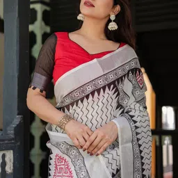 ALMAARI FASHION Geometric Printed Pure Linen Banarasi Saree image 4
