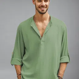 BHUVIKOO Band Collar Roll-Up Sleeves Straight Short Kurta-picture-12