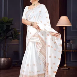 KAMDAR White Assamese Mekhela Chador With Copper Jari Work And Jacqaurd WeaveSaree image 4