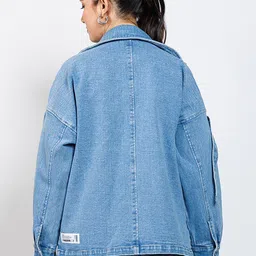 FIBONACCI Women Stand Collar Solid Pure Cotton Denim Jacket image 4