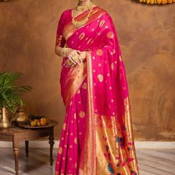 Suha Floral Women Pin & Gold Zari Boarder Traditional Art Silk Saree-picture-9