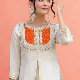 CREEPER Ethnic Motifs Embroidered Round Neck Panelled Sequinned A-Line Kurta With Palazzos image 3