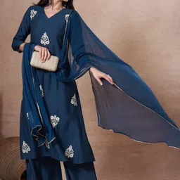 GoSriKi Women Ethnic Motifs Embroidered Regular Thread Work Kurta with Trousers & With Dupatta image 3