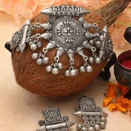 Moedbuille Silver-Plated Oxidised Ghungroo-Studded Jewellery Set-picture-45