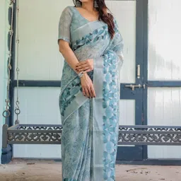 ALMAARI FASHION Geometric Printed Pure Linen Banarasi Saree image 5