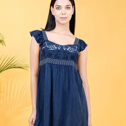 Cosmic Trio Women Embroidered square Neck Flutter Sleeve Fit & Flare Dress-picture-10