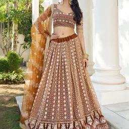 JIHU CULTURE Embroidered Thread Work Semi-Stitched Lehenga & Blouse With Dupatta image 5