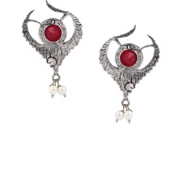 PUJVI Silver-Plated Artificial Stones Studded And Beaded Contemporary Shaped Drop Earrings image 3