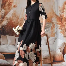 DECKEDUP Floral Printed Shirt Collar Fit & Flare Maxi Dress image 4