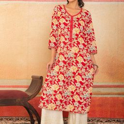 label adrija Pure Cotton V Neck Aari Work Floral Printed Straight Knee Length Kurti for Women's-picture-2