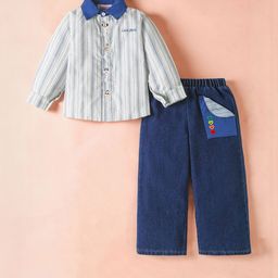 Hopscotch Kids Boys White & Blue Striped Shirt With Trousers-picture-12