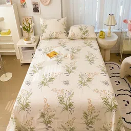 JC HOME Cream & Green Printed Pure Cotton 220 TC Double Queen Bedsheet Set 1.80 m x 2.30 m-picture-19