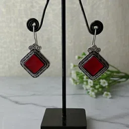 Mygaonwala Silver-Plated Diamond Shaped Stones Studded And Beadded Oxidised Drop Earrings image 3
