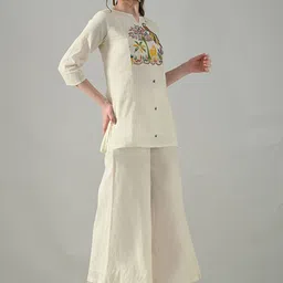 HERE&NOW Embroidered Pure Cotton Tunic & Trousers Co-Ord Set image 2