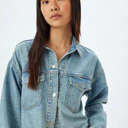 Koton Women Spread Collar Washed Self Design Cotton Casual Denim Jacket-picture-14