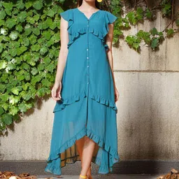 KATLINE Women Flutter Sleeve Ruffled Georgette A-Line Midi Dress-picture-22