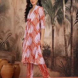 Sangria Ikat Printed Tasselled Detail Satin-Finish A-Line Kurta with Trousers image 3