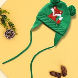 Mi Arcus 100% Cotton Knitted Pom Pom Ears Design Fox Patch Tie Up Cap - Green-picture-49
