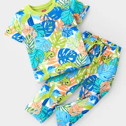 Babyhug Single Jersey Knit Half Sleeves Night Suit Chameleon Print - Green-picture-27