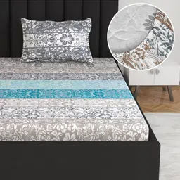 Divine Casa 144 TC 100% Cotton Floral Grey Breathable Bedsheet for Single Bed Elastic Fitted-picture-28