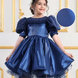 Mark & Mia Half Puffed Sleeves Solid Colour Party Frock with Pearl Detailing - Navy Blue-picture-37