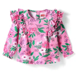 Babyhug Rayon Woven Full Peasent Sleeves Top With Floral Print & Frill Detailing - Pink-image-23