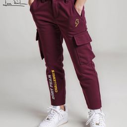 arias by lara dutta Arias Cotton Knit Full Length Stretchable Text Printed Trousers With Cargo Pockets - Wine-picture-5
