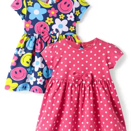 Babyhug Single Jersey Knit Half Sleeves Floral & Polka Dots Printed Frocks with Bow Applique Pack of 2 - Blue & Pink-picture-14
