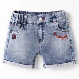 Olio Kids Denim Knit Above Knee Length Shorts with Text Embroidery - Light Blue-picture-20