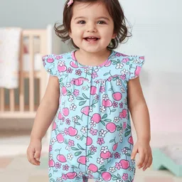 Babyhug 100% Cotton Knit Frill Sleeves Romper With Floral Print - Light Blue-image-93