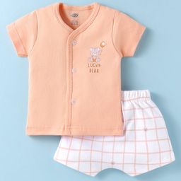 Zero Interlock Knit Half Sleeves Shorts Night Suit with Bear Print & Checks - Orange & White-picture-2