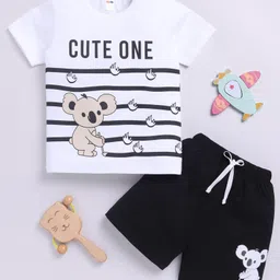 Little Ninja Cotton Half Sleeves Koala Bear Printed Tee & Coordinating Shorts Set - White & Black-picture-22