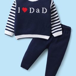 Babyhug Knitted Full Sleeves Sweater Set with Stripes & Text Design - Royal Blue-picture-14