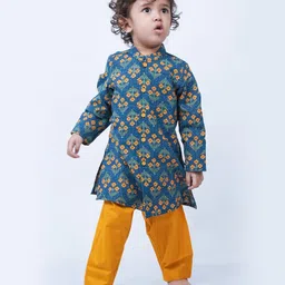 Campana 100% Cotton Woven Full Sleeves Floral Printed Kurta Pyjama Set - Teal & Mustard-picture-33