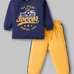 Doodle Poodle 100% Cotton Knit Full Sleeves T-Shirt & Lounge Pant Set With Soccer Print - Navy Blue & Yellow-picture-6