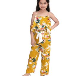 StyleStone Rayon Woven Sleeveless Floral Printed Lace Detailed Jumpsuit - Mustard-picture-28