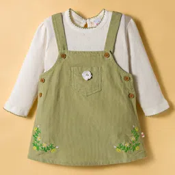 WOW Clothes Cotton Knit Frock & Full Sleeves Inner Tee With Floral Embroidery - Olive Green & White-picture-28