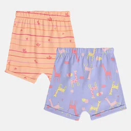 MINI KLUB Cotton Knit Pack Of 2 Striped & Animal Printed Shorts - Purple & Peach-image-86
