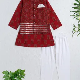 The Magic Wand Cotton Woven Full Sleeves Floral Printed Kurta Pyjama With Lace Embellished Modi Jacket Set - Maroon-picture-14