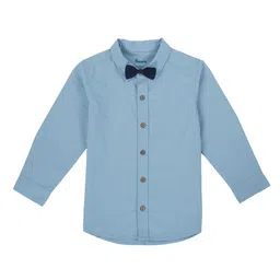 Pranava Organic Cotton Organic Cotton Woven Full Sleeves Solid Shirt With Bow - Tide Blue image 3