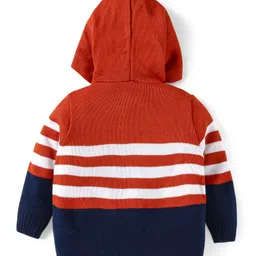 Babyhug Knitted Full Sleeves Front Open Hooded Sweater Set With Stripes - Orange White & Navy Blue image 3