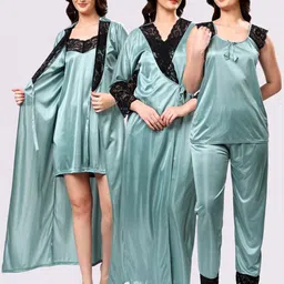 NIGHT KEYS Green Satin Maxi Solid Nightdress-picture-34