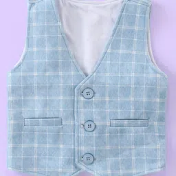 Babyhug Full Sleeves Three Piece Party Suit Checkered with Bow & Hat - White & Blue image 4